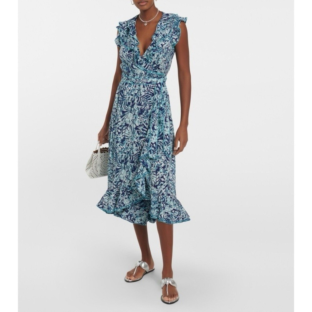 Poupette St Barth Aude V Midi Wrap Dress Sz S Ruffle Resortwear Luxury Chic $328